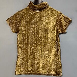VTG 90s Betty Blue Velour Velvet Top Large Gold Green Short Sleeve Turtleneck
